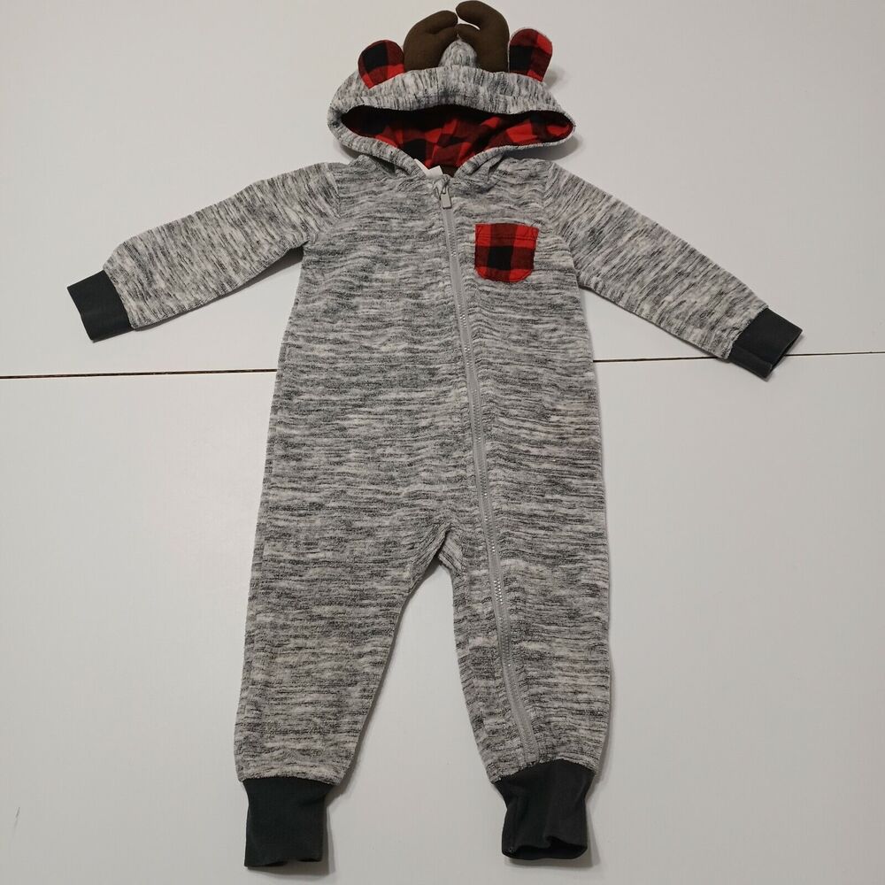 Cat & Jack Baby 12M Romper Gray Heathered Stretch Buffalo Plaid Ears Horns Zip